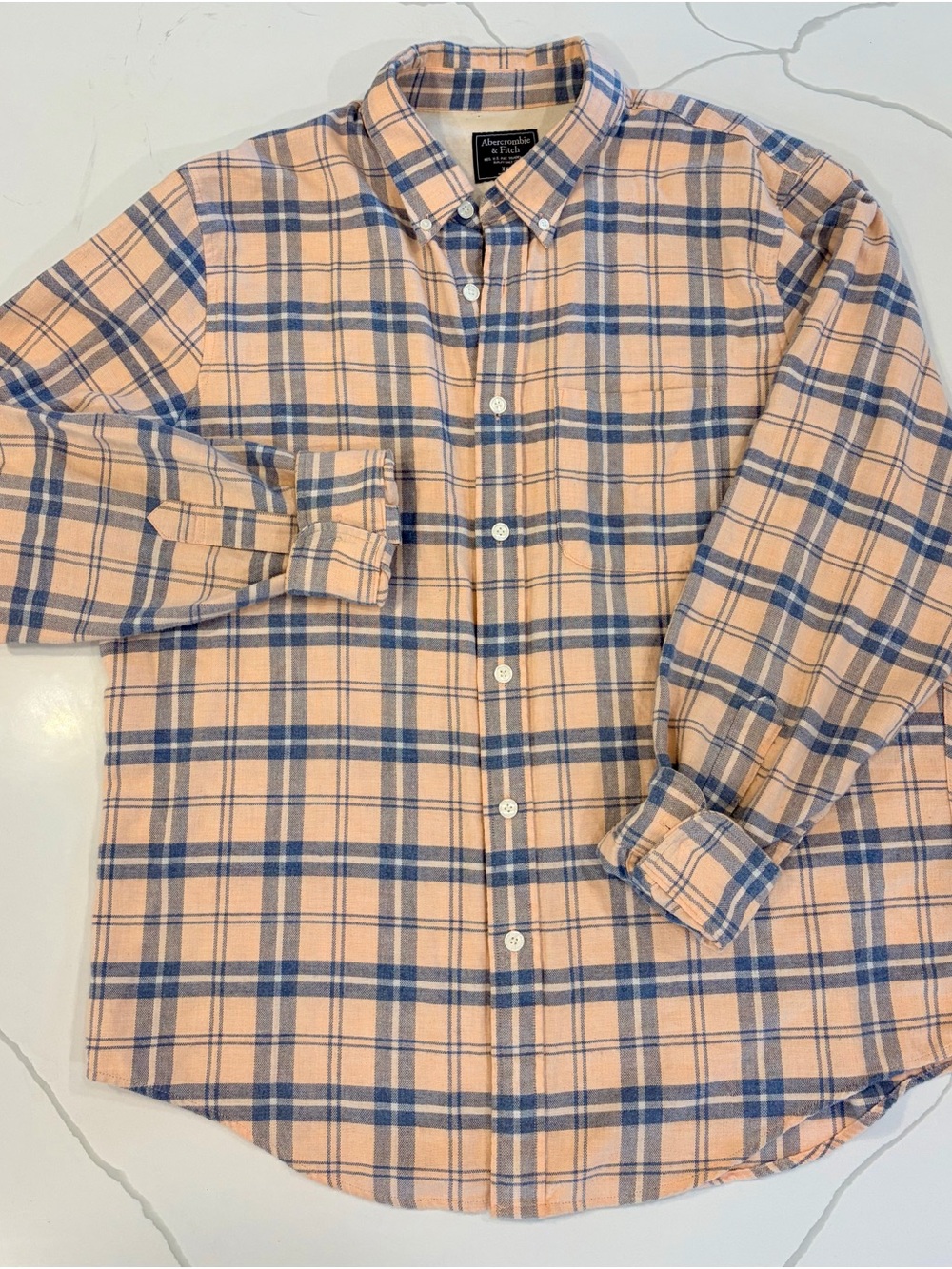 Abercrombie & Fitch Fall Peach and Blue Plaid Flannel Button-Down Shirt XXL